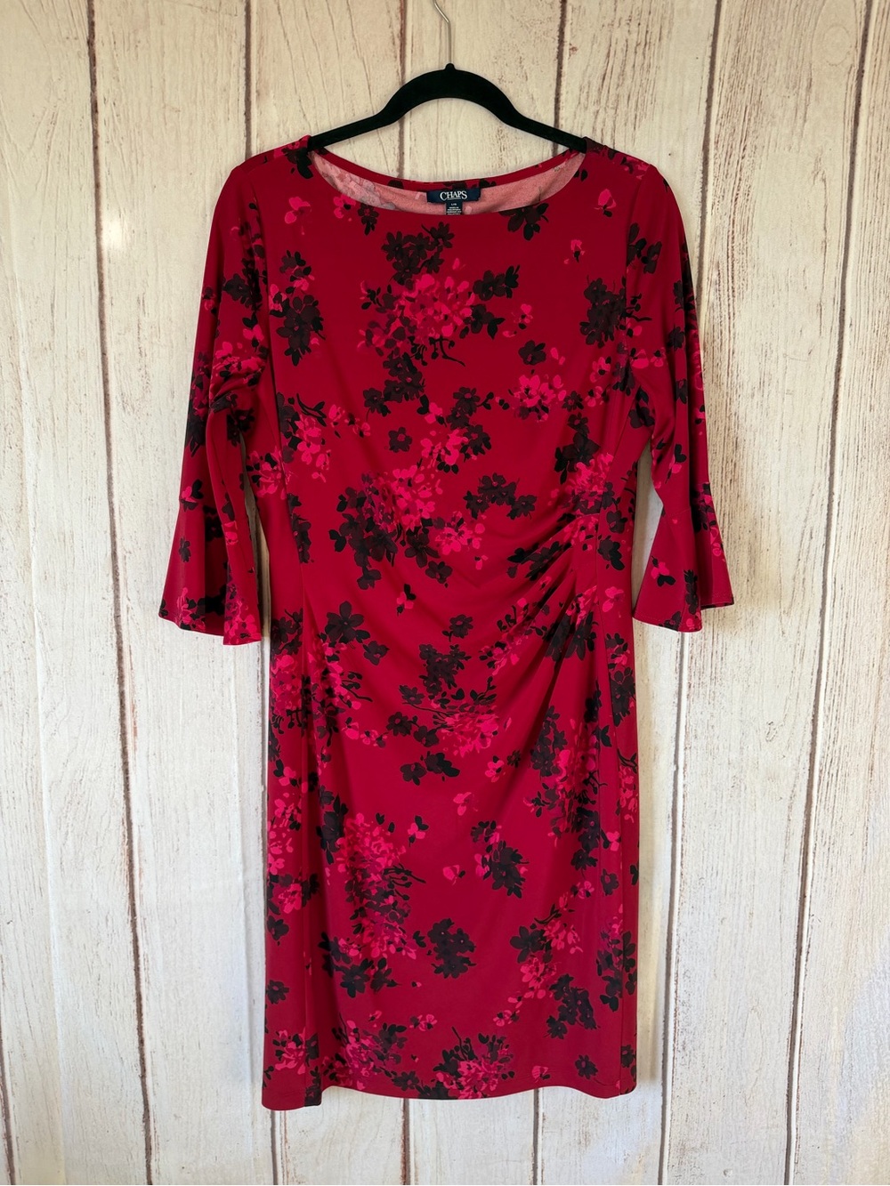 Chaps Red Floral Ruched Bell Sleeve Sheath Dress Size Large
